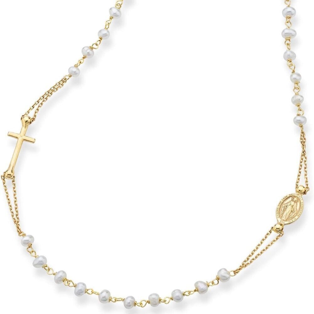 Sterling Silver Pearl Rosary Necklace 18 Inch Gold Plated Faith Gift
